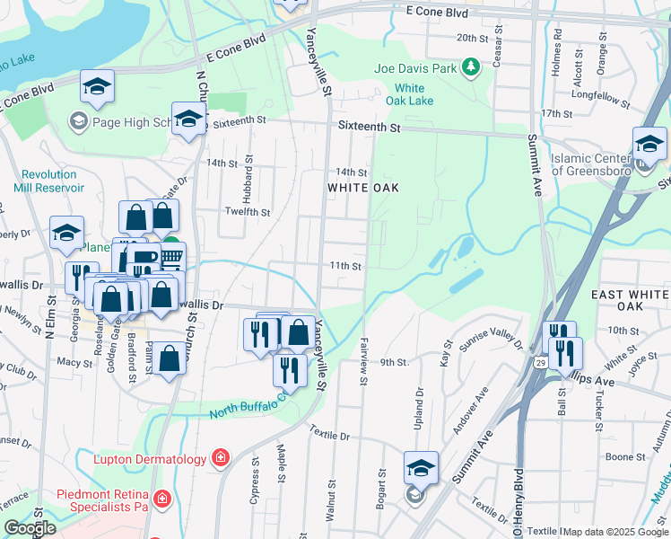 map of restaurants, bars, coffee shops, grocery stores, and more near 1204 11th Street in Greensboro