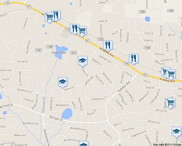 map of restaurants, bars, coffee shops, grocery stores, and more near 1610 Granville Street in Burlington