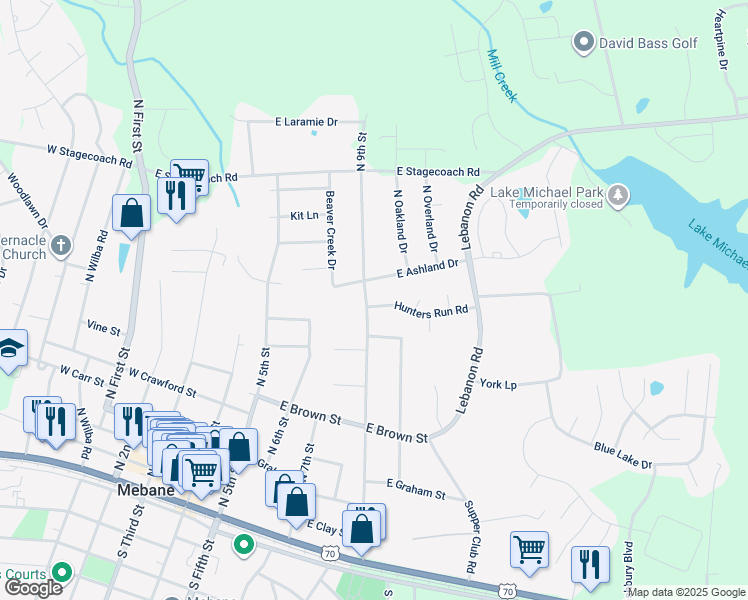 map of restaurants, bars, coffee shops, grocery stores, and more near 603 Hunters Run Road in Mebane