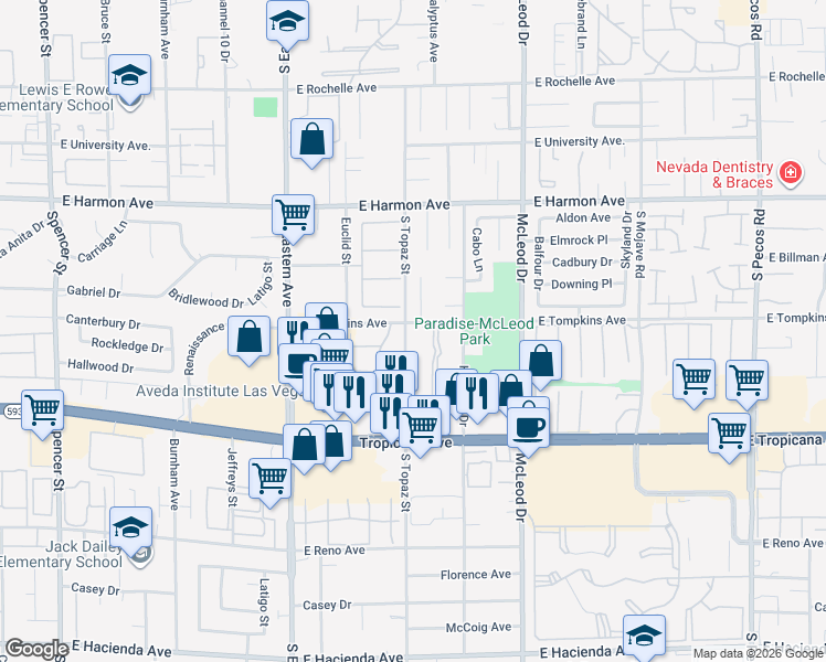 map of restaurants, bars, coffee shops, grocery stores, and more near 2593 La Fortuna Avenue in Las Vegas