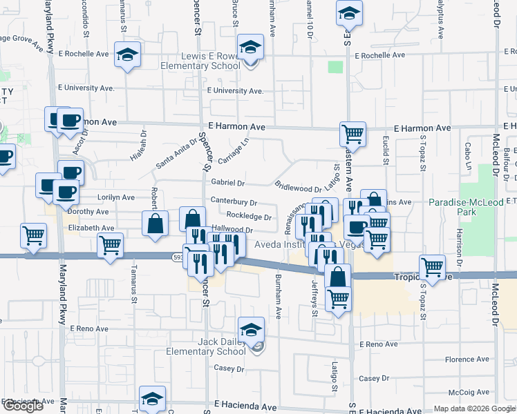 map of restaurants, bars, coffee shops, grocery stores, and more near 1965 Canterbury Drive in Las Vegas