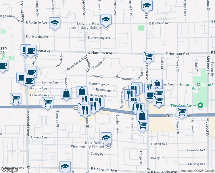 map of restaurants, bars, coffee shops, grocery stores, and more near 1965 Canterbury Drive in Las Vegas