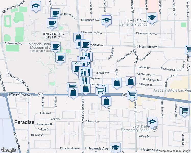 map of restaurants, bars, coffee shops, grocery stores, and more near 1390 Dorothy Avenue in Las Vegas