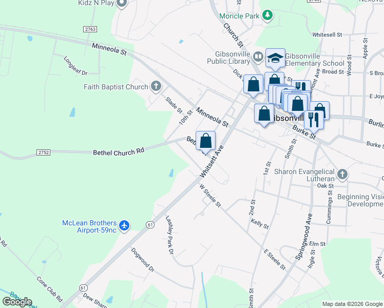 map of restaurants, bars, coffee shops, grocery stores, and more near 407 Bethel Street in Gibsonville