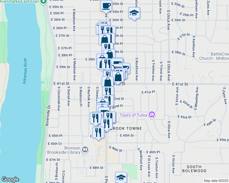 map of restaurants, bars, coffee shops, grocery stores, and more near 1331 East 41st Place in Tulsa