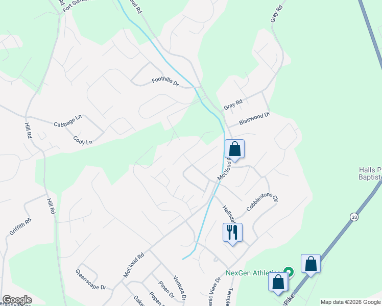 map of restaurants, bars, coffee shops, grocery stores, and more near 4528 Alan Springs Ln in Knoxville