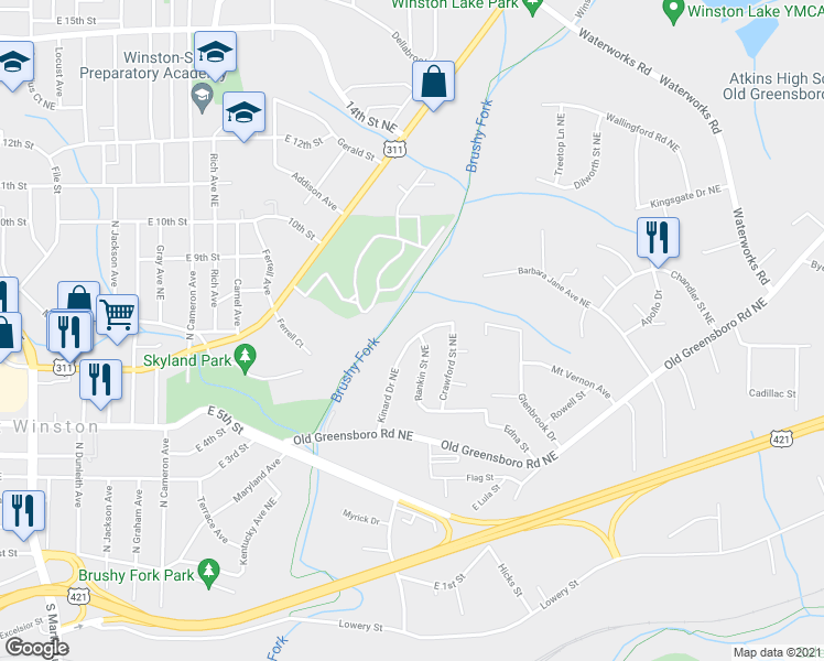 map of restaurants, bars, coffee shops, grocery stores, and more near 598 Kinard Drive Northeast in Winston-Salem