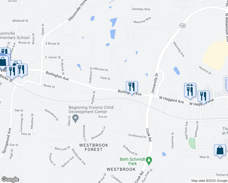 map of restaurants, bars, coffee shops, grocery stores, and more near 910 Burlington Avenue in Gibsonville