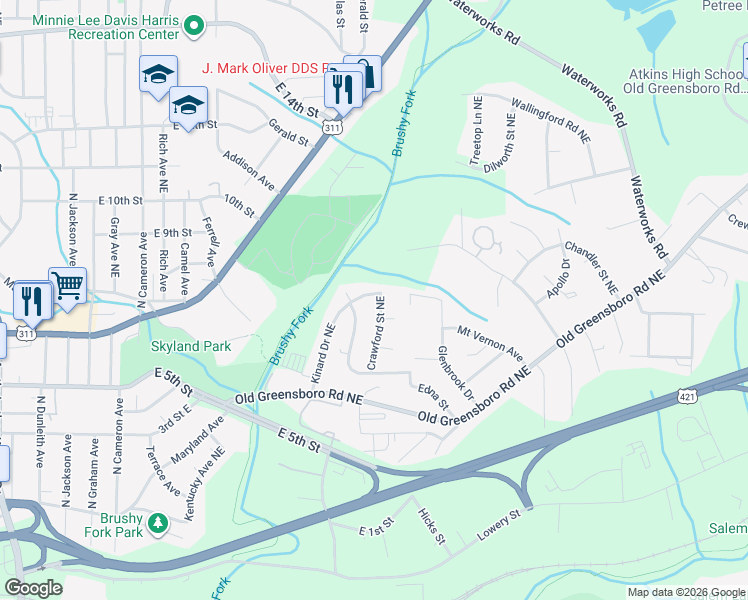 map of restaurants, bars, coffee shops, grocery stores, and more near 617 Kinard Drive Northeast in Winston-Salem