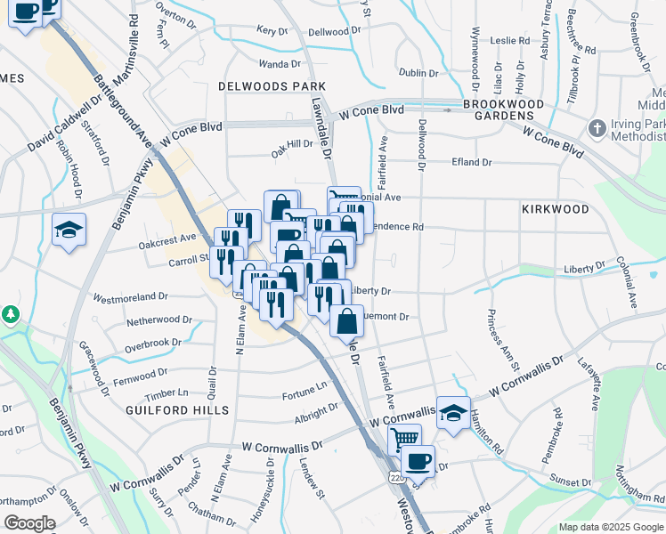 map of restaurants, bars, coffee shops, grocery stores, and more near 2701 Lawndale Drive in Greensboro