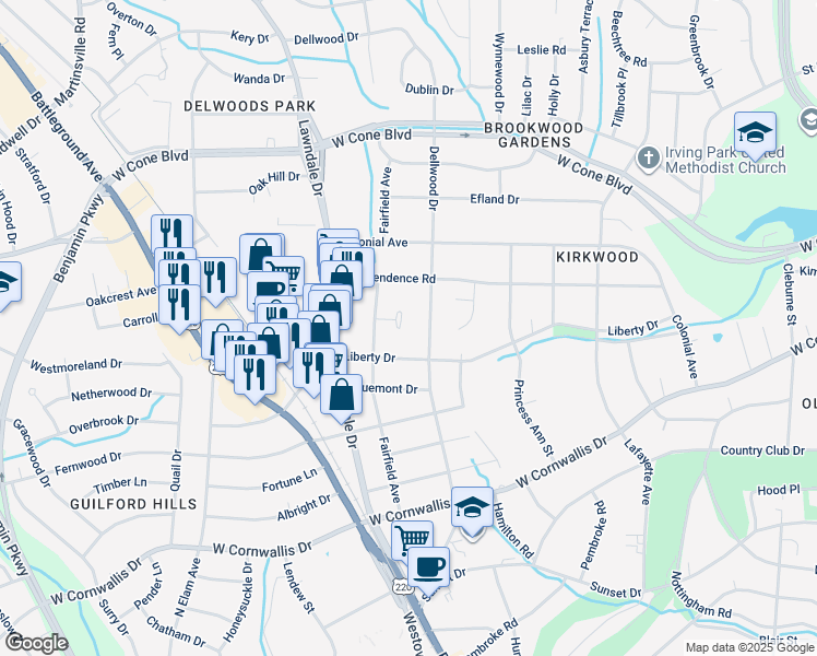 map of restaurants, bars, coffee shops, grocery stores, and more near 2009 Queens Court in Greensboro