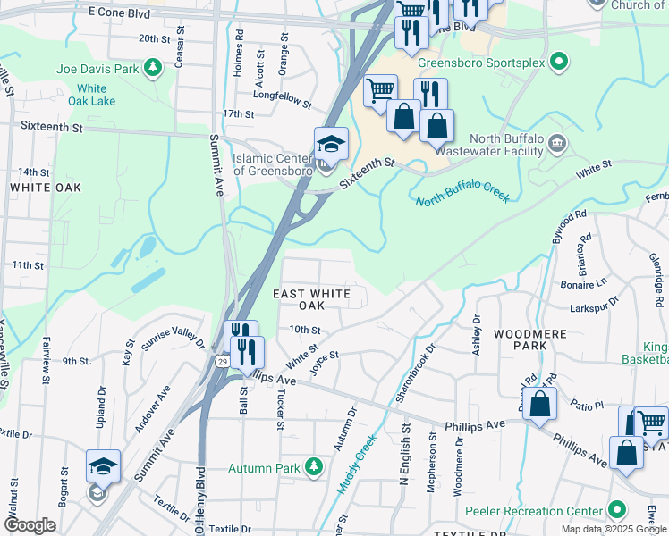 map of restaurants, bars, coffee shops, grocery stores, and more near 1806 Gordon Street in Greensboro