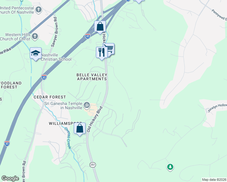 map of restaurants, bars, coffee shops, grocery stores, and more near 570 Old Hickory Boulevard in Nashville