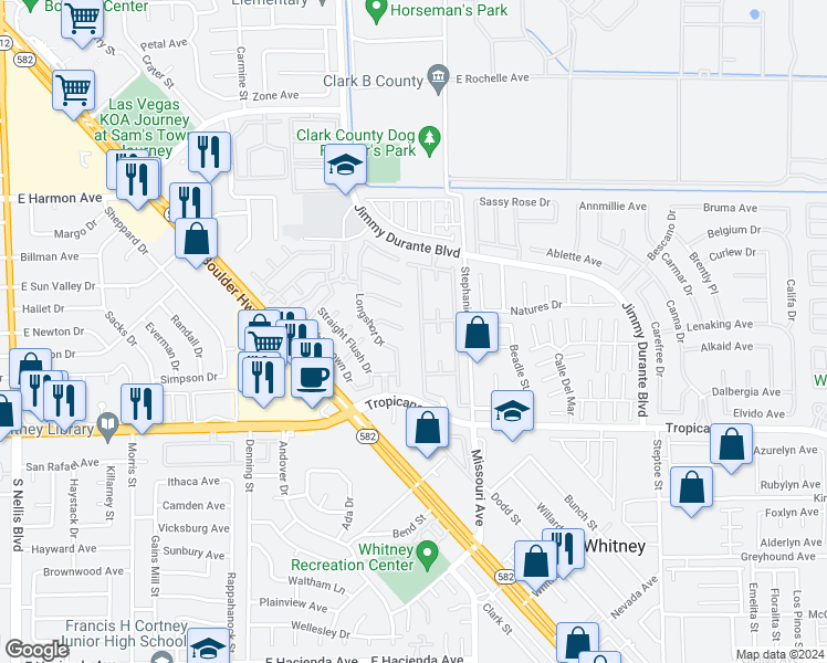map of restaurants, bars, coffee shops, grocery stores, and more near 5710 East Tropicana Avenue in Las Vegas