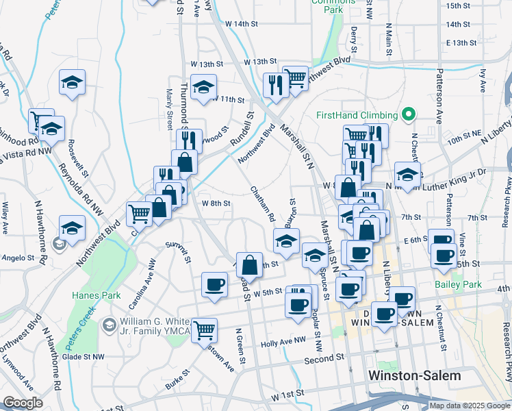 map of restaurants, bars, coffee shops, grocery stores, and more near 740 Chatham Road in Winston-Salem