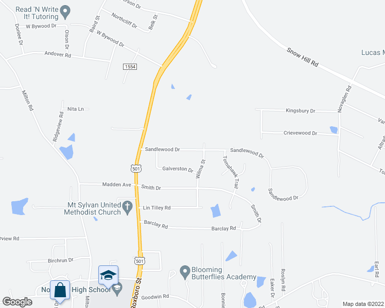 map of restaurants, bars, coffee shops, grocery stores, and more near 232 Sandlewood Drive in Durham
