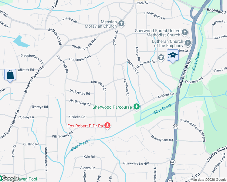 map of restaurants, bars, coffee shops, grocery stores, and more near 680 Chester Rd in Winston-Salem