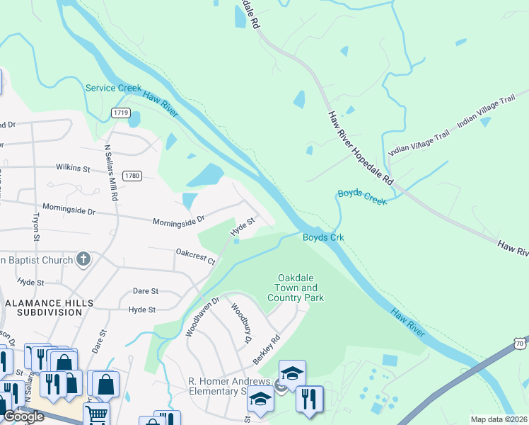 map of restaurants, bars, coffee shops, grocery stores, and more near 529 Riverside Drive in Burlington