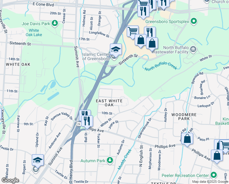 map of restaurants, bars, coffee shops, grocery stores, and more near 1802 Gordon Street in Greensboro