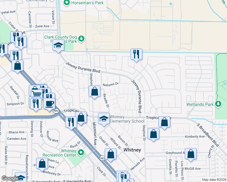 map of restaurants, bars, coffee shops, grocery stores, and more near 4735 Madrigal Way in Las Vegas