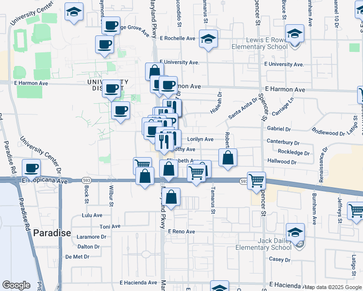 map of restaurants, bars, coffee shops, grocery stores, and more near 1320 Dorothy Avenue in Las Vegas