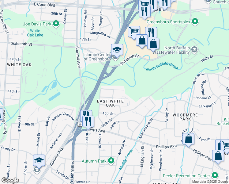 map of restaurants, bars, coffee shops, grocery stores, and more near 1800 Gordon Street in Greensboro