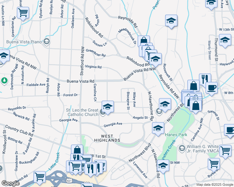 map of restaurants, bars, coffee shops, grocery stores, and more near Holiday Street in Winston-Salem