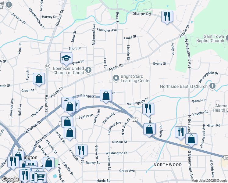 map of restaurants, bars, coffee shops, grocery stores, and more near 403 Fulton Street in Burlington