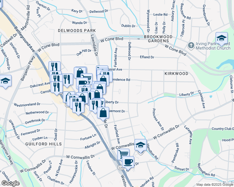 map of restaurants, bars, coffee shops, grocery stores, and more near 2009 Queens Court in Greensboro