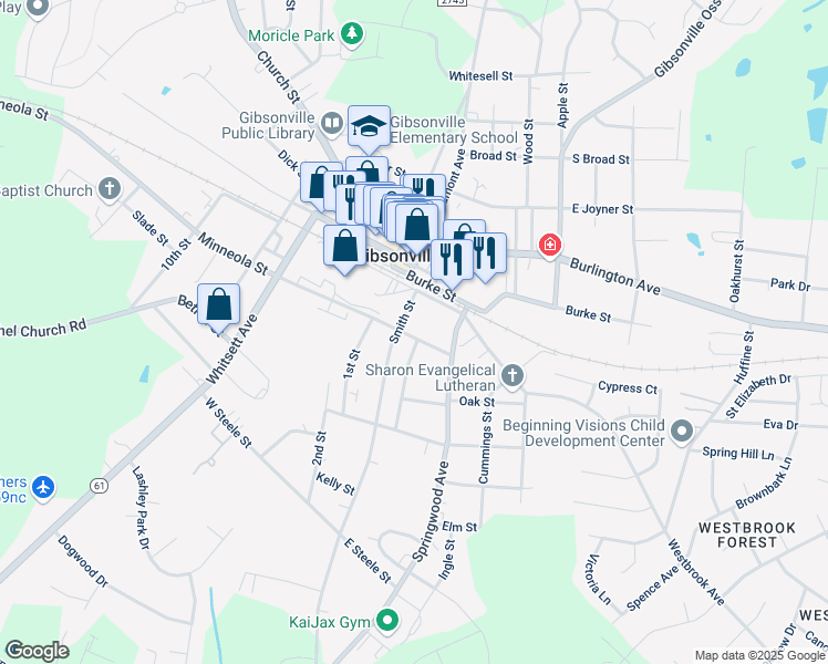 map of restaurants, bars, coffee shops, grocery stores, and more near 205 East Minneola Street in Gibsonville
