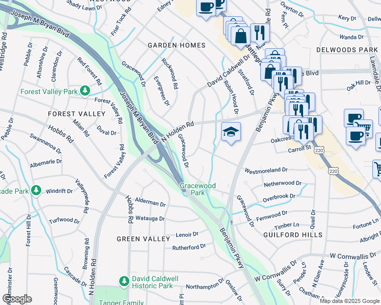 map of restaurants, bars, coffee shops, grocery stores, and more near 1702 Gracewood Drive in Greensboro