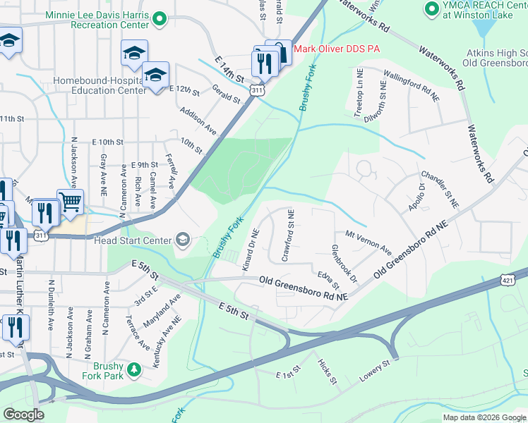 map of restaurants, bars, coffee shops, grocery stores, and more near 598 Kinard Drive Northeast in Winston-Salem
