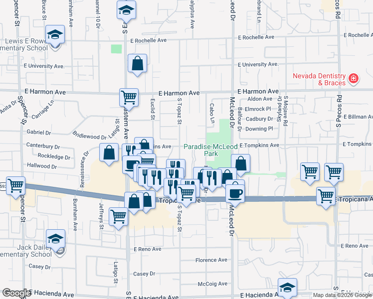 map of restaurants, bars, coffee shops, grocery stores, and more near 4770 South Topaz Street in Las Vegas