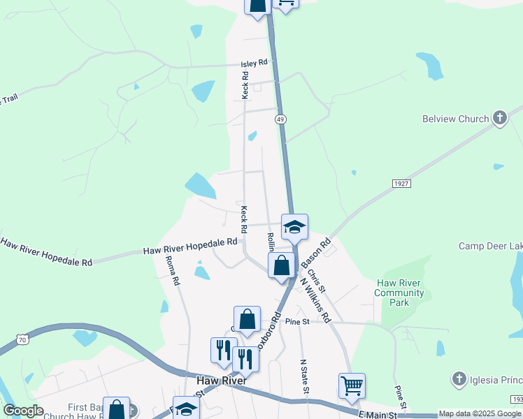 map of restaurants, bars, coffee shops, grocery stores, and more near 608 Rolling Road in Haw River