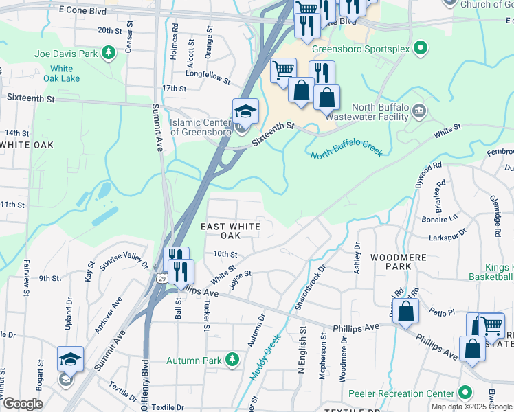map of restaurants, bars, coffee shops, grocery stores, and more near 1812 Gordon Street in Greensboro