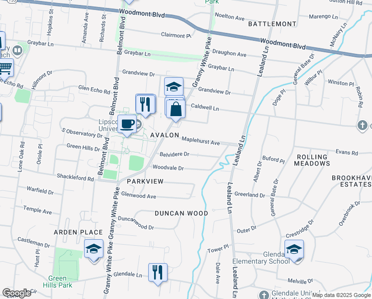 map of restaurants, bars, coffee shops, grocery stores, and more near 1112B Belvidere Drive in Nashville