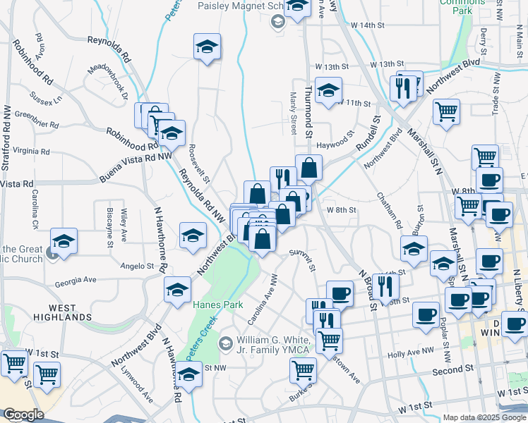 map of restaurants, bars, coffee shops, grocery stores, and more near 1020 West Northwest Boulevard in Winston-Salem