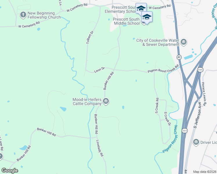 map of restaurants, bars, coffee shops, grocery stores, and more near 4160 Bunker Hill Road in Cookeville