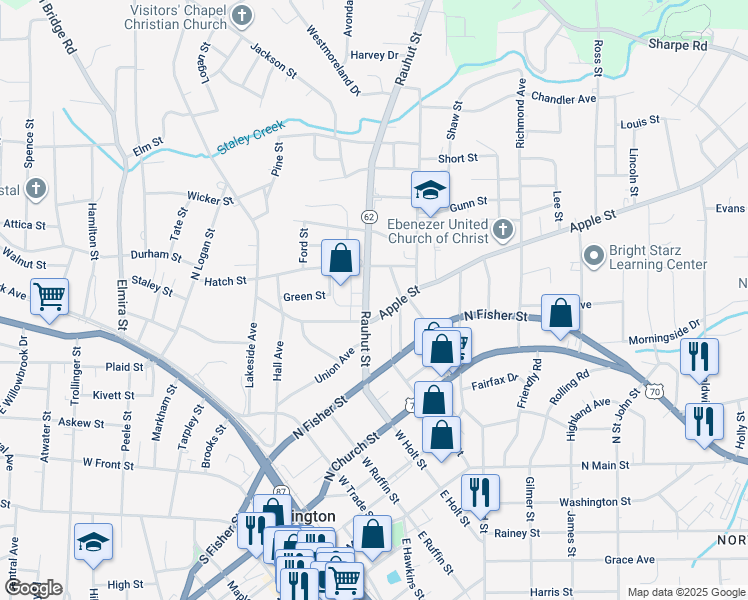 map of restaurants, bars, coffee shops, grocery stores, and more near 525 Rauhut Street in Burlington