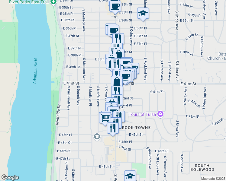 map of restaurants, bars, coffee shops, grocery stores, and more near 4124 South Peoria Avenue in Tulsa