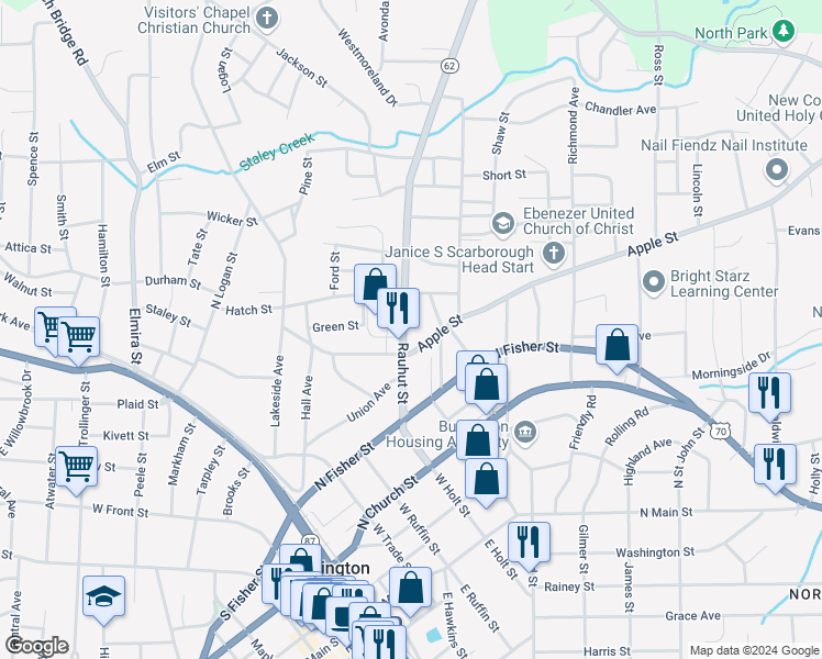 map of restaurants, bars, coffee shops, grocery stores, and more near 525 Rauhut Street in Burlington