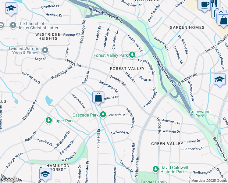 map of restaurants, bars, coffee shops, grocery stores, and more near 1705 Swannanoa Drive in Greensboro