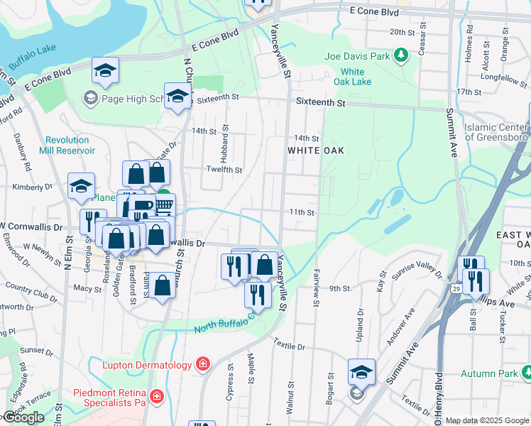map of restaurants, bars, coffee shops, grocery stores, and more near 2218 Maple Street in Greensboro