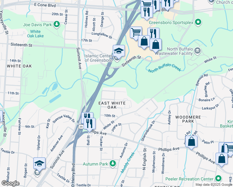 map of restaurants, bars, coffee shops, grocery stores, and more near 1800 Gordon Street in Greensboro