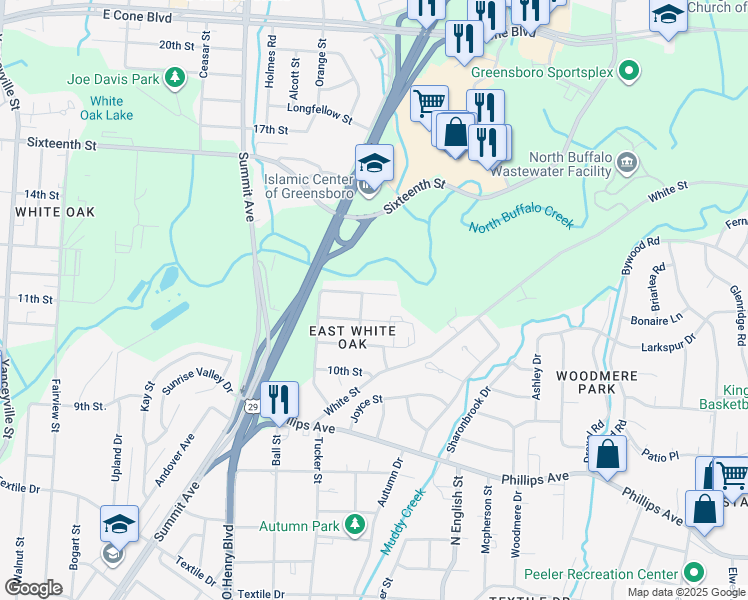 map of restaurants, bars, coffee shops, grocery stores, and more near 1804 Gordon Street in Greensboro