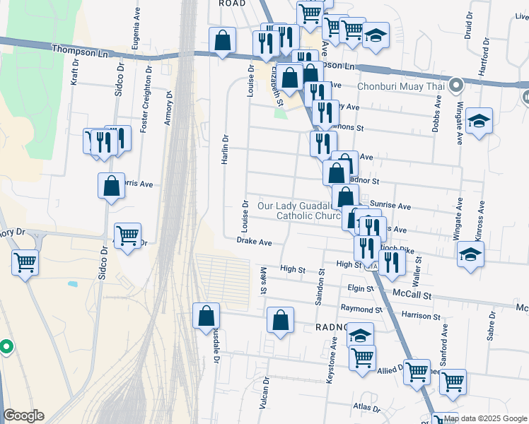 map of restaurants, bars, coffee shops, grocery stores, and more near 518 Patterson Street in Nashville