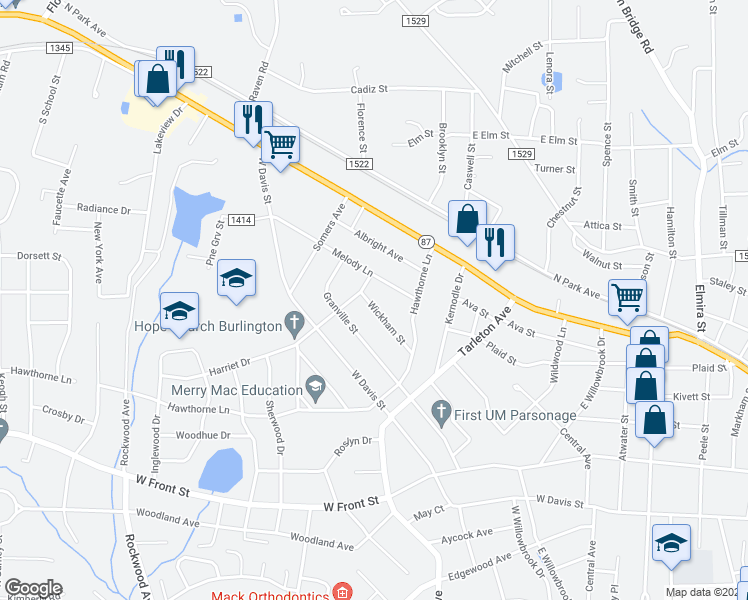 map of restaurants, bars, coffee shops, grocery stores, and more near 1543 Wickham Street in Burlington