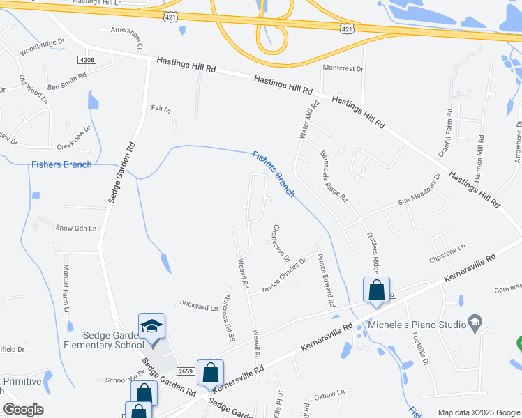 map of restaurants, bars, coffee shops, grocery stores, and more near 965 Peachtree Meadows Circle in Kernersville