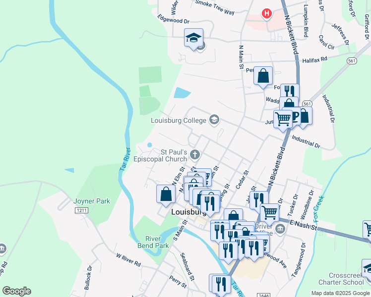 map of restaurants, bars, coffee shops, grocery stores, and more near 305 West Noble Street in Louisburg