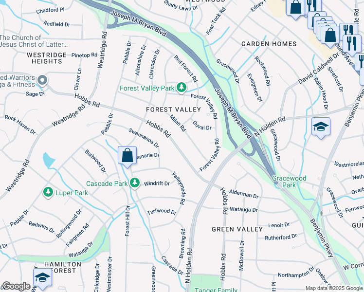 map of restaurants, bars, coffee shops, grocery stores, and more near 1707 Hobbs Road in Greensboro